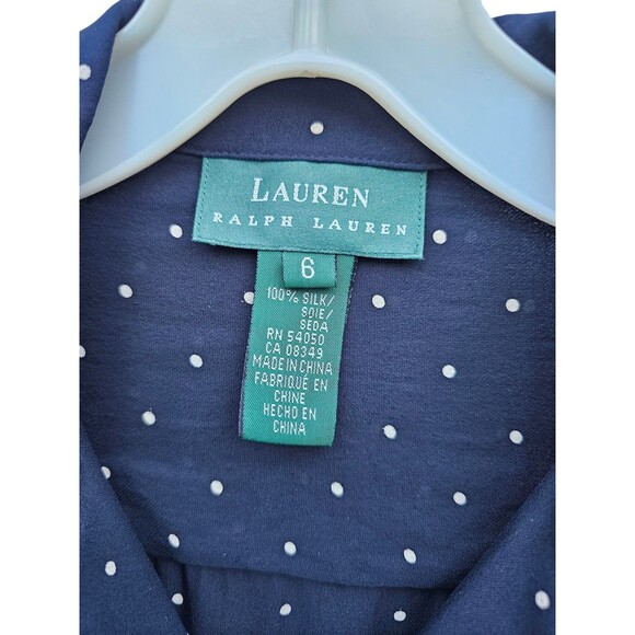 Lauren Ralph Lauren 100% Silk Set Skirt Blouse Top Outfit Navy Polka Dot Size 6 - Picture 6 of 16